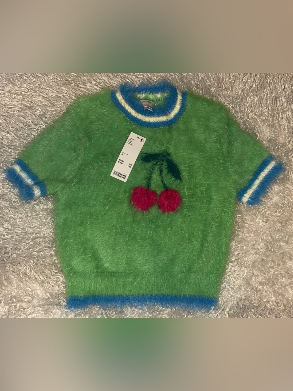 Kimchi Blue Fuzzy Green Cherry Crop Top with Blue Trim